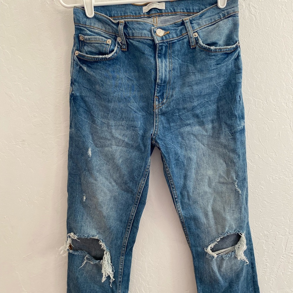 Zara straight leg distressed blue jeans